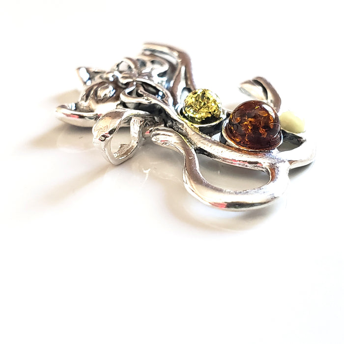 sterling silver cat pendant with real amber