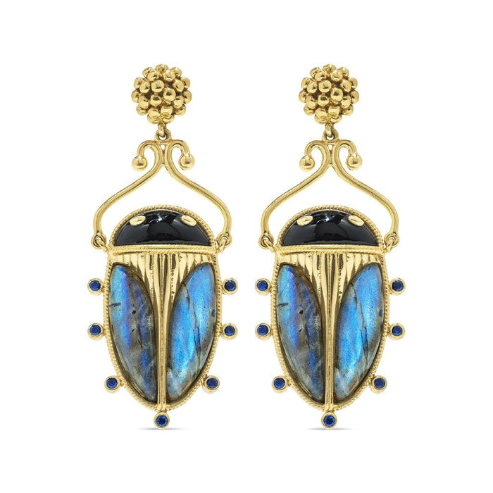 Scarab Berry Drop Earrings - Black Agate & Blue Labradorite