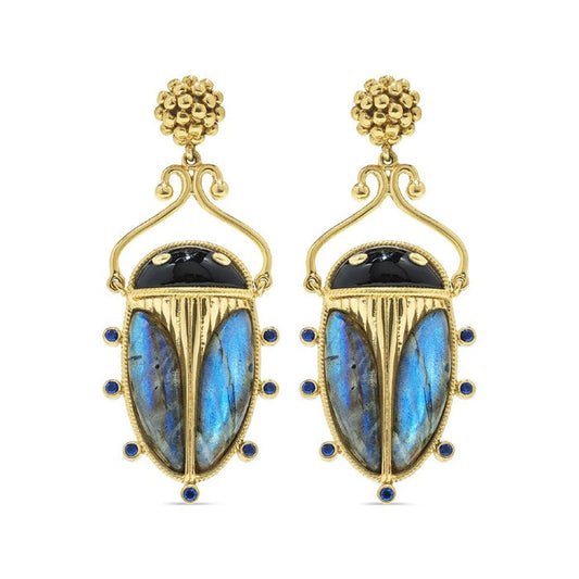 Scarab Berry Drop Earrings - Black Agate & Blue Labradorite