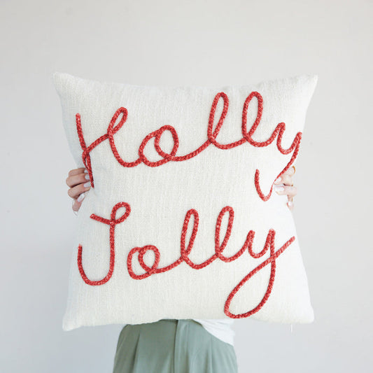 Square Cotton Pillow with Embroidered "Holly Jolly"