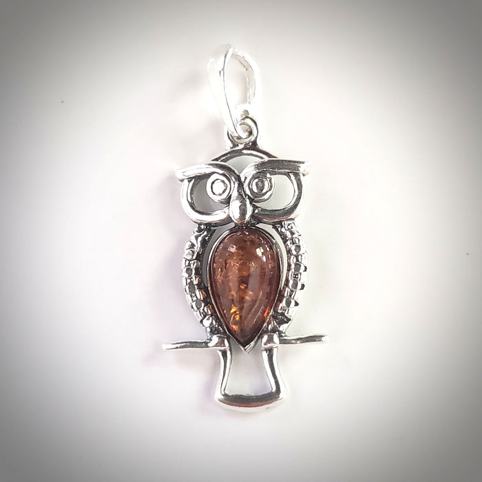 small owl silver amber pendant