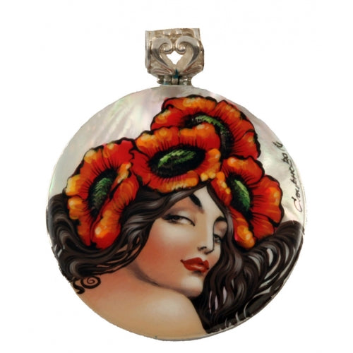 Sterling Silver Hand Painted Pendant inspired by Summer" Mucha