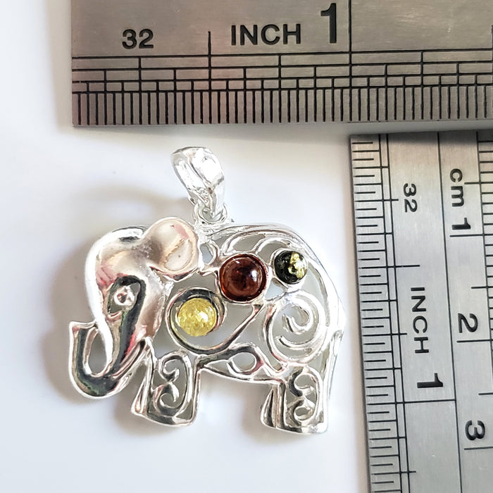 multicolor amber silver elephant necklace