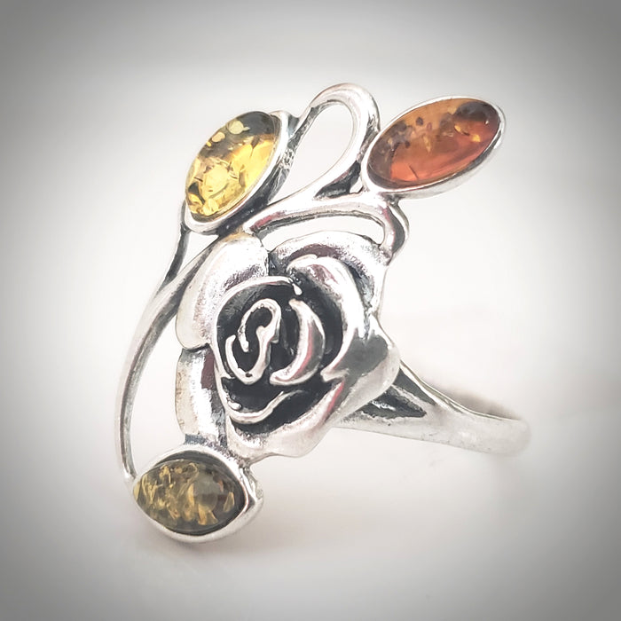 silver rose amber leaves floral ring