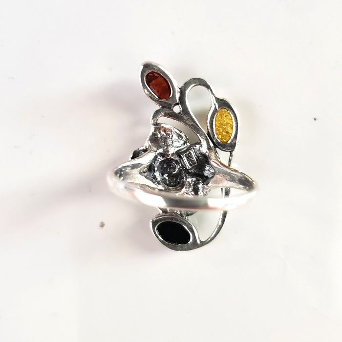 silver rose natural amber ring