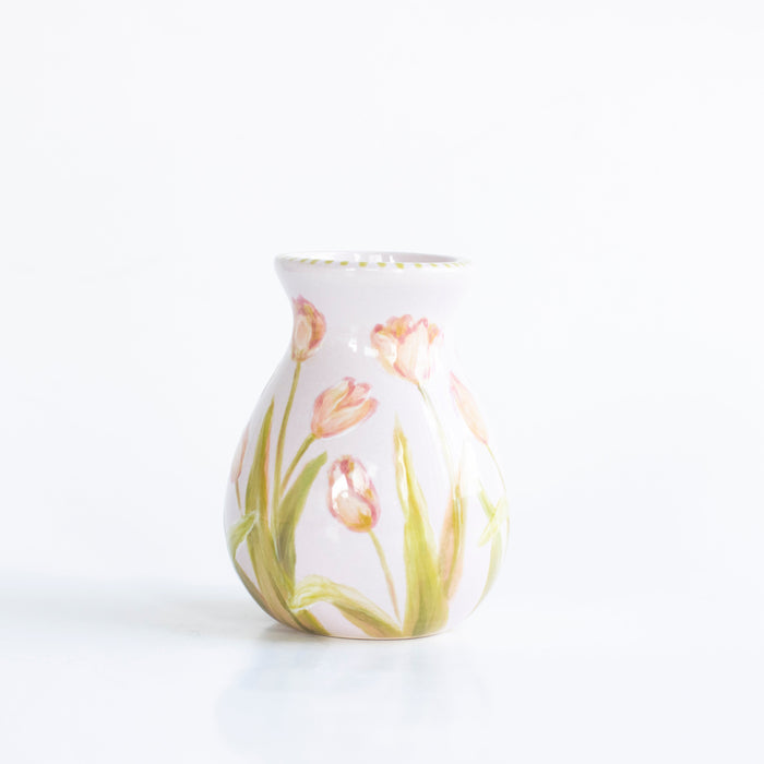 Tulip Posy Stoneware Bud Vase — Tulip Posy bud vase showing hand-painted flowers and Gold-luster rim; Susan Gordon Pottery