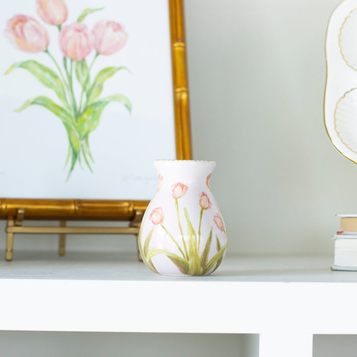 Tulip Posy Stoneware Bud Vase — vase on a shelf beside a separately sold Tulip print; Susan Gordon Pottery