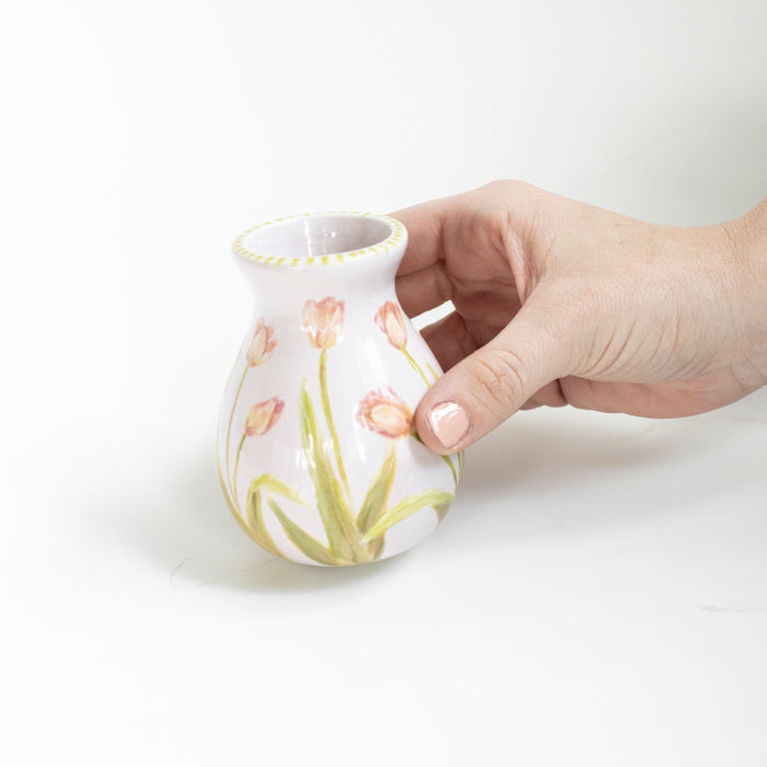 Tulip Posy Stoneware Bud Vase — hand holding the small Tulip Posy vase; Susan Gordon Pottery