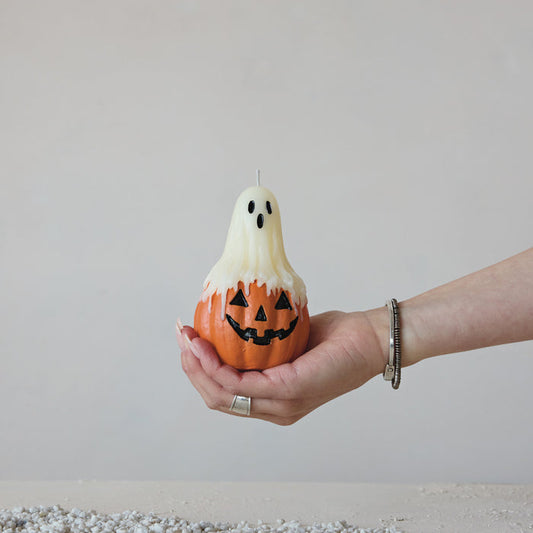 Unscented Ghost on Top of Jack-O-Lantern Shaped Candle in Cello Bag with Raffia Tie