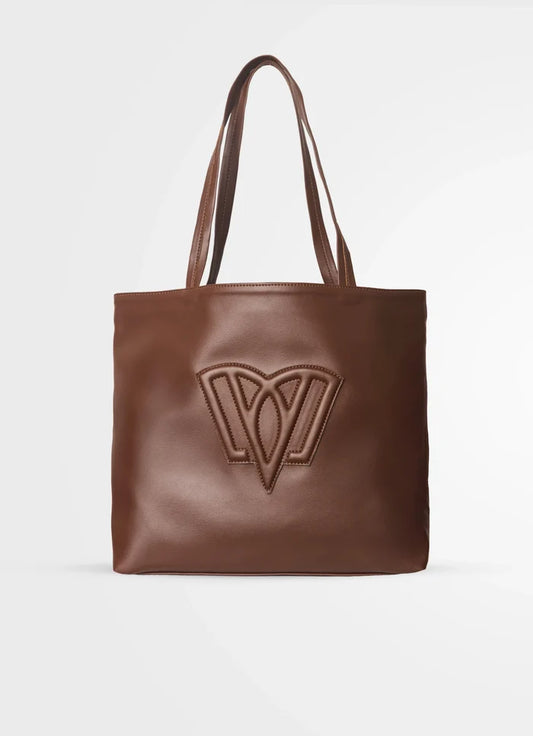 Brown leather tote bag with a logo on a white background