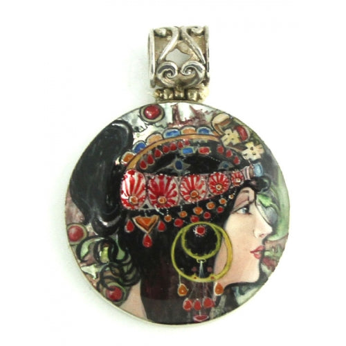 Vislana Hand Painted Pendant inspired by "The Brunette", Mucha