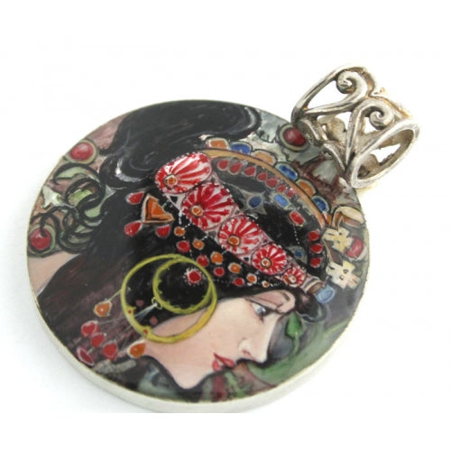 Vislana Hand Painted Pendant inspired by "The Brunette", Mucha