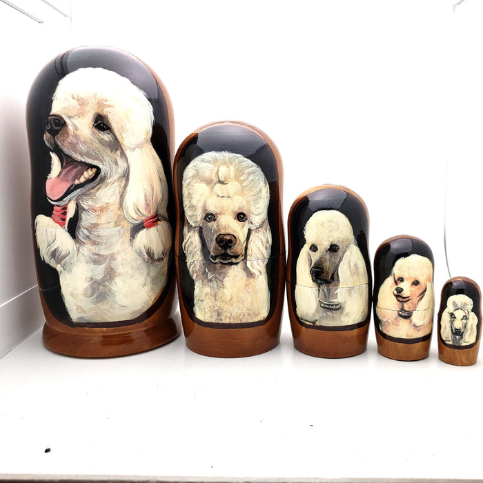 White Albino Poodle Dog Breed Nesting Doll 7" Set