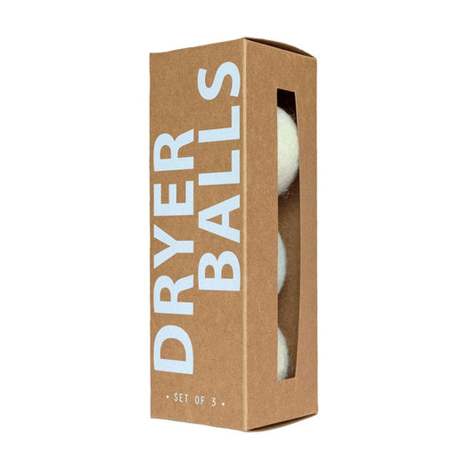Box of dryer balls with 'Dryer Balls' text on a white background