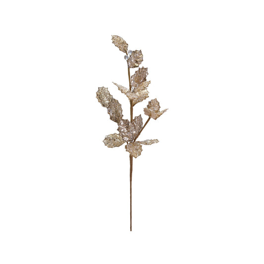24"H Faux Leaf Stem with Beads & Glitter, Gold Color & Ice Finish